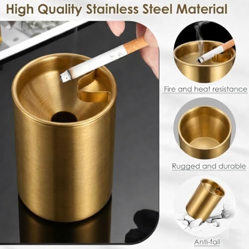 Image of NYRWANA Stainless Steel Windproof Ashtray with Lid | Rustproof, Easy-to-Clean Ash Holder for Smokers | Elegant Indoor Outdoor Ash Tray for Patio, Home, Office, Bar & Garden Use (Gold)