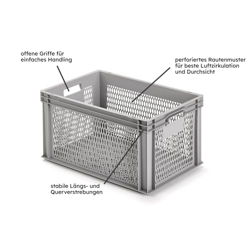 1a-TopStore Eurobox Stapel- und Transportkasten, durchbrochen, perforiert, offene Griffe, verschiedene Größen (60x40x32 cm)