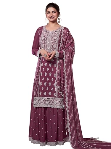 Image of TRENDMALLS Women's Art Silk Heavy Embroidery Work Kurta Palazzo with Dupatta Salwar Suit Set For Women