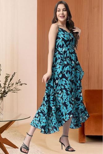 Image of POPWINGS Blue Floral Printed Maxi Length Fit & Flare Dress for Women || Summer Stylish Dress for Women Western
