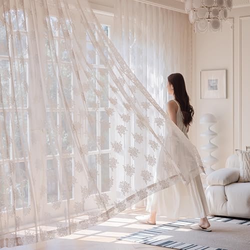 Ivory Lace Curtains 84 Inch Long Vintage Rose with Scalloped Edges Semi Sheer Curtain Drapes for Living Room, Bedroom Cream Lace Window Sheer Curtains with Rod Pocket, 57"W x 84"L, 2 Panels