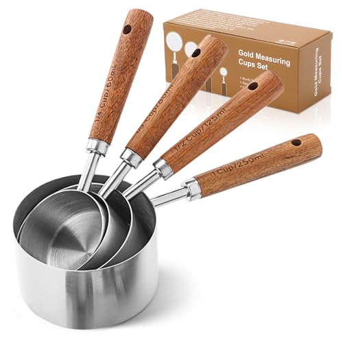 Gold Measuring Cups and Spoons Set with Wood Handles, Premium Stainless Steel Measuring Spoons and Measuring Cups Set (Cups-Silver)