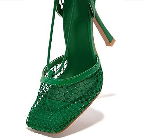 Mucccute Square Toe Mesh Stiletto Heels For Women, Sexy Wrap Around Lace Up High-Heel Sandals Green 3.95In #TOP2