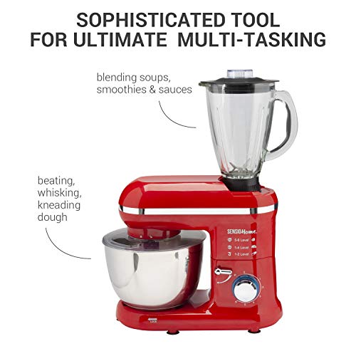 Sensio-Home-2-in-1-Food-Processor-Blender-Stand-Mixer-Machine-1300W-Electric-Motor-Dough-Hook-Whisk-Beater-Splash-Guard-6-Speed-45-Litre-Stainless-Steel-Mixing-Bowl-15L-Glass-Jug-Red