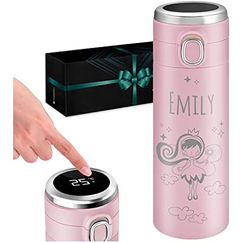 Maverton Pink Travel Mug for her - Personalized 400 ml Tumbler - Tea Thermos with Engraving - Perfect Coffee Cup for Women - Stainless Steel Insulated Cup - Smart Tumbler for Girl - Fairy Cover