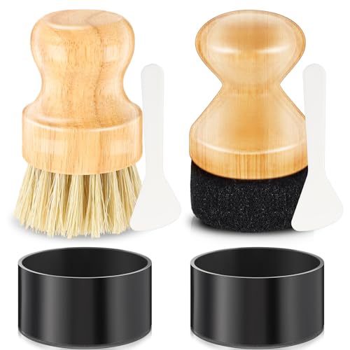 Qinyoung 2 Pcs Cutting Board Oil Applicator and Scrub Brush Set Bamboo Wax Applicator Brush with Sisal Fiber and Sponge for Mineral Oil Board, Wooden Worktops, Butcher Blocks, Utensil Care