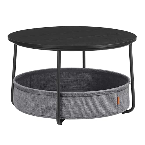 VASAGLE Mesa de Centro Redonda con Almacenamiento, Mesa de Salón con Cesta de Tela, Estilo Moderno, Marco de Metal, Negro Tinta y Gris Pizarra LCT244B56