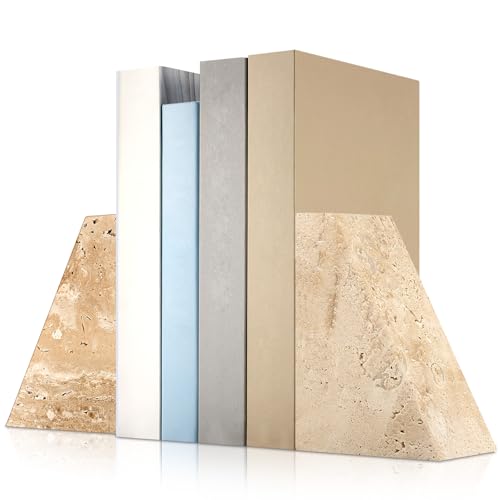 CroBlissful 2 Pcs Travertine Bookends Natural Decorative Book Ends Book Holders for Shelves Bookshelf Heavy and Normal Home Bathroom Apartment Kitchen Decor