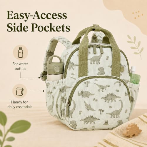 Image of Bluboon Toddler Backpack for Boys Girls 2-4 Cute 12 inch Preschool Kindergarten Backpacks Kids Daycare Bags School Travel (Green Dino Beige, Age 2-4 (12 inch H not Fit A4 Folder))
