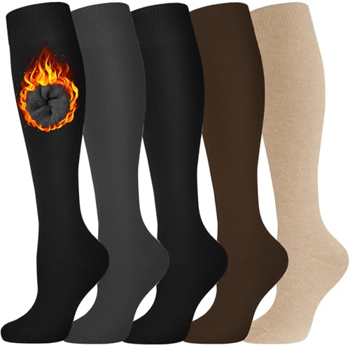 YIZAO 5 Pairs Warm Knee High Socks for Women-Thermal Cotton Socks for Hiking,Work,Winter,Gifts