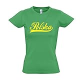 100% halbgekämmte Baumwolle Damen T-Shirt - Polen Oldschool Polska LÄNDERSHIRT EM / WM FAN Trikot S-XXL , Kelly green - gelb , XXL