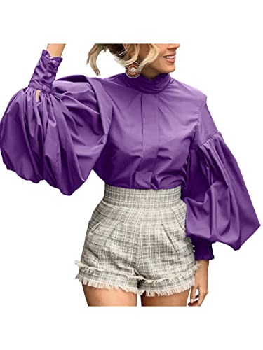 Celmia Blouse Femme Haut Élégant Manchon Lanterne Chemisier Col Roulé Tunique Femme Chic Manche Cloche-Pourpre XXL Cover