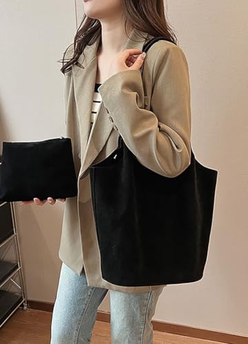 Women’s Large Tote Bag Vintage Faux Suede Shoulder Purse Lightweight Work Bag with Detachable Pouch2