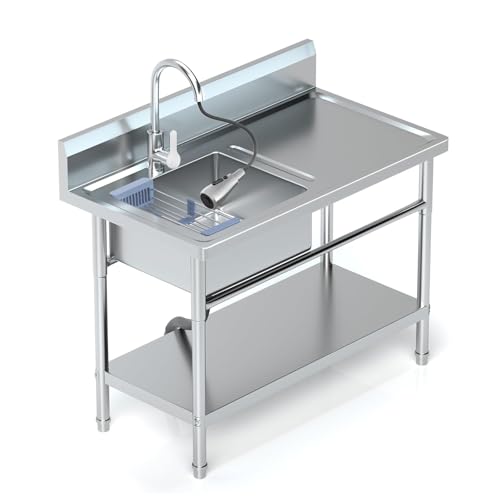 Image of Stainless Steel Utility Sink Freestanding Single Bowl Laundry Sink with 360 Swivel Pull-Out Sprayer Faucet, Hot and Cold Water Plumbing Workbench for Laundry Room Farmhouse