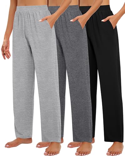 Image of Huukeay 3 Pack Women's Lounge Pants, Cozy Wide Leg Lounge Slacks with Pockets Loose Flowy Yoga Sweatpant Workout Comfy Jogger