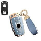 SANRILY Golden-Edge 2 Button Key Fob Cover for BMW F30 E90 E60 E70 E87 3 5 6 Series M3 M5 X1 X5 X6 Z4 Accessories Keyless TPU Key Case Shell with Bling Leather Keychain Blue