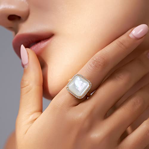 Natural Mother Of Pearl Rings, 14K Gold Plated Genuine Gemstone Square Ring With Zirconia For Women Girls, Birthstone Ring Jewelry Gifts For Valentine's Day, Birthday (13Mm Stone, Ring Size 7) #TOP4