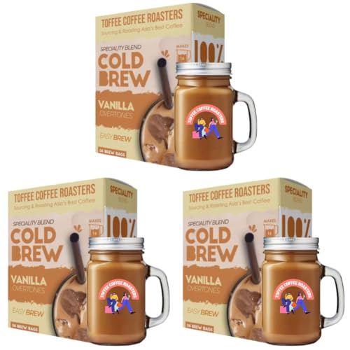 Image of Toffee Coffee Roasters Vanilla Cold Brew Bags | Free Mason Jar | Pack of 9 Bags | Makes 12 Cups of 100% Arabica Coffee, ?180 Grams