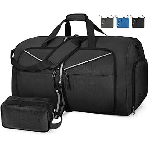 Lubardy Travel Duffle Bag for Men Sports Gym Bag Foldable Large Weekend Overnight Bag Women with Shoes Compartment Water Resistant Holdall Bag 65L Black Cover