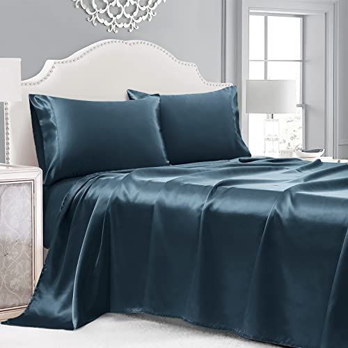 Cobedzy Navy Blue Satin Sheets Queen Size 4 Pieces Bed Set