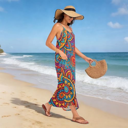 Robe longue à bretelles spaghetti mandala dos nu pour femme élégante