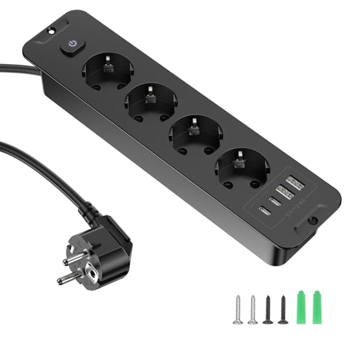 Tomada embutida com USB, 4 tomadas de mesa com USB A e Type-C, 8 n 1 mesa de mesa, tomada tripla embutida com cabo de extensão de 2 m, extensão de tomadas embutida para escritório, casa