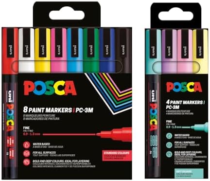 POSCA PC-3M-Set of 12 Medium Tip Markers - 8 Basic Colors + 4 Pas...