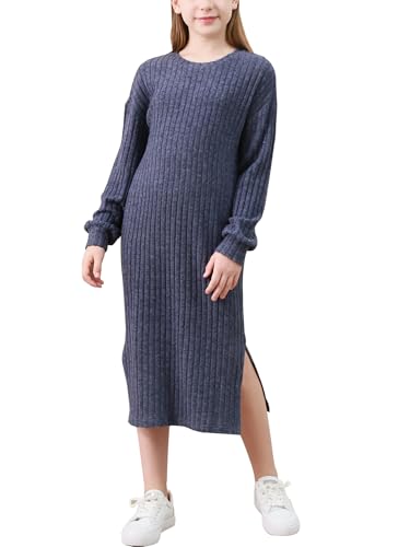 GORLYA Girls Long Sleeve Casual Sweater Rib Knit Split Straight Shift Midi Dress 6-16Y