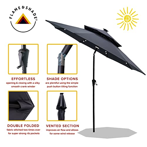 FLAME&SHADE 9 ft Double Top Solar Powered Outdoor Market Patio Table Umbrella with LED Lights and Tilt, Anthracite - Thumbnail 2
