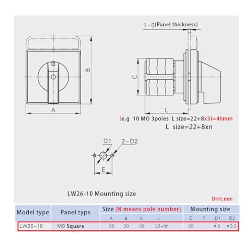 Sélecteur de tension LW26-10/2 à double section et contacts argent 10A
