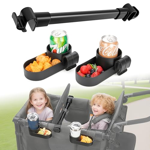 Image of Forward-Facing Support Bar + 2-Pack Stroller Wagon Snack Tray with Spill-Proof Cup Holders - Wonderfold Accessories Compatible with WONDERFOLD W2 Elite/Luxe 2-Seater Wagons, Detachable & Easy Install