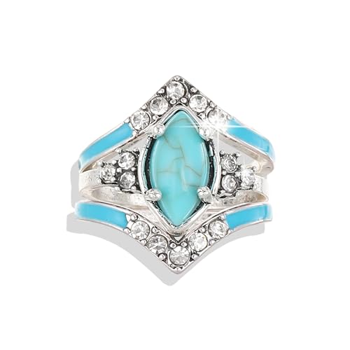 3PCS Turquoise Ring for Women Bohemian Stackable Joint Knuckle Rings for Girls Boho Silver Rhinestone Turquoise Ring Statement Western Jewelry Gifts for Her, Metal, No Gemstone