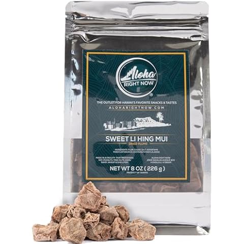 Aloha Right Now - Sweet Li Hing Mui Crack Seed Dried Plums (8 oz) - Li Hing Mui Candy for Snacking & Flavoring any Iced Beverage - Preserved Sweet Sour & Salty Asian Fruit Plum Seeds, Hawaiian Snacks Cover