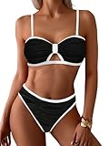 Picture of seamoly 2 Way Wearing Bikini Sets Ribbed Color Block Bandeau Swimsuit Cutout Ring Sexy 2 Piece Bathing Suit Black L