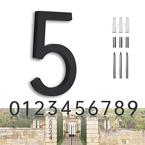 Husnummer för utsidan 18,50 cm (7 tum) metall hem adress nummer skylt skyltar svart modernt 3D flytande husnummer med nagelkit stor dörr nummer 5
