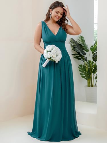 Image of Ever-Pretty V Neck Sleeveless Pleated Chiffon Maxi Plus Size Formal Dress for Women Bridesmaid Dresses 09016-DA