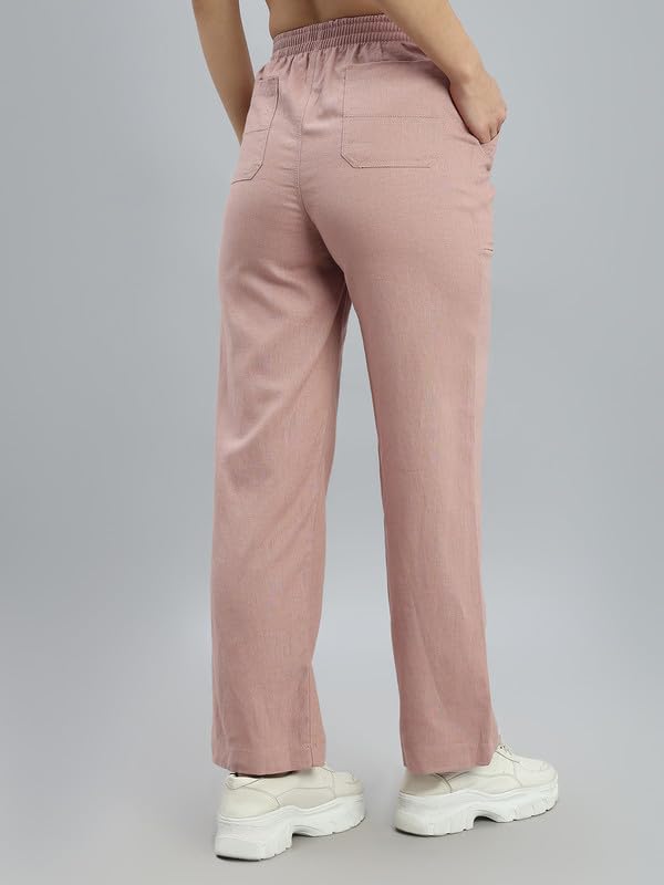 Image of GO COLORS Solid Linen Cargo Pants for Women | Full Length, Mid Rise, Side Pockets