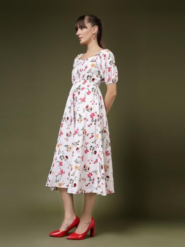 Image of OOMPH! Below Knee Shift Pink Dress in Crepe Fabric with Round Neck and Puff Sleeves - md619l