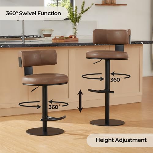 Butacos ajustables CHITA, set de 3, con giro de 360° y base metálica para barra, isla de cocina o comedor, asiento en cuero sintético marrón silla y estructura negra miniatura 4