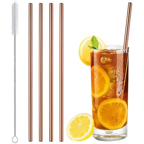 LSC Reusable Metal Straws Drinking Stainless Steel Straw with Cleaner Brush Non Plastic BPA Free for All Beverages Cocktail Milkshake Smoothie Coffee (Rose Gold, Pack of 4 Straight) Cover