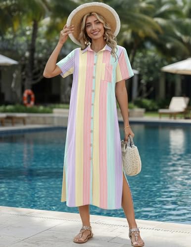 Image of HOTOUCH Womens Dress Summer Casual Midi Short Sleeve Button Down Shirt Dresses Loose Beach Cover Up with Pockets
