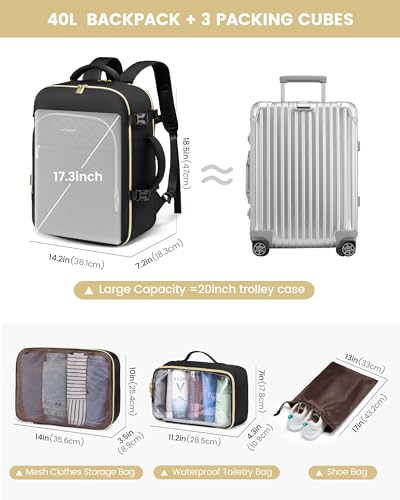 LOVEVOOK Bagaż podręczny, plecak samolotowy, plecak podróżny, damski, duży, 40 l, plecak podróżny z kieszenią na buty, plecak na laptopa o przekątnej ekranu 17,3", plecak biznesowy, wodoszczelny, na
