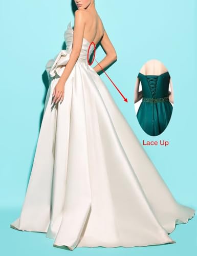 Sparkly Satin Prom Dresses for Women Strapless A Line Beaded Wedding Dresses Bow Evening Party Gowns with Slit2