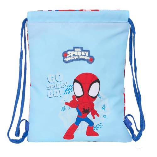 Safta | Saco Deportivo Plano Junior Spidey Rescue Marvel, Mochila Saco Escolar Infantil con Cordones, Bolsillo Interior con Cremallera, Cierre Seguridad Anti-Estrangulamiento, Medidas 26x1x34 cm