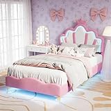 BursDany - Cama infantil acolchada 90 x 200 cm con LED para niña adolescente - Cabecero de cama ajustable en altura, diseño de corona de princesa en PU rosa (sin colchón)
