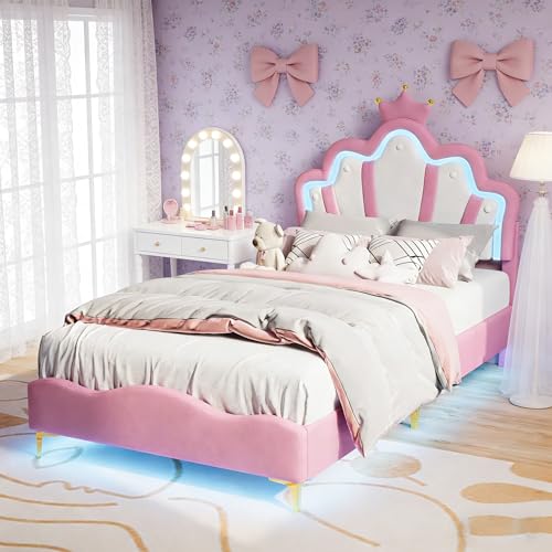 BursDany - Cama infantil acolchada 90 x 200 cm con LED para niña adolescente - Cabecero de cama ajustable en altura, somier de láminas, diseño de corona de princesa en PU rosa (sin colchón)