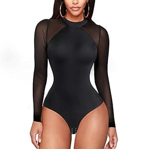 Irisnaya Shapewear Bodysuit Women Long Sleeve Classy Top Basic T-Shirt Leotard Waist Trainer Body Shaper Turtleneck Bodycon (Large, Black)