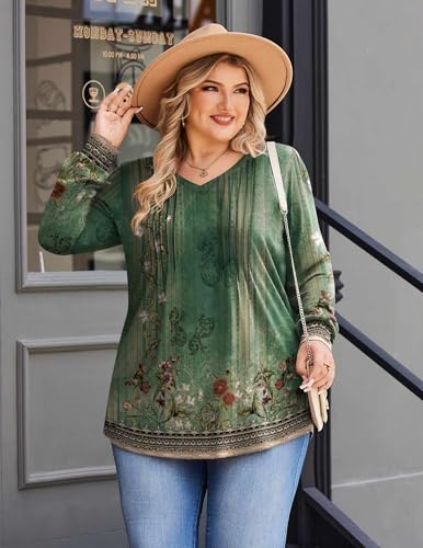 Image of IN'VOLAND Womens Plus Size Shirts V Neck Puff Long Sleeve Tops | Loose Fit, Dressy Casual Blouse, Pleated, Fall Outfits, Business Work TShirts, Basic Tees