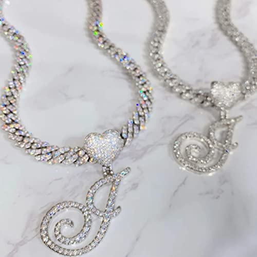 Ptjdsmf Cursive Silver Initial Pendant Necklaces Alphabet Pendant Miami Cuban Link Chain Necklace For Women Hip Hop Iced Out Letter Chain With Pendant Jewelry Gift… (Cuban Link Chain A) #TOP6
