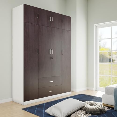 VIKI Wardrobe | Wooden Almirah for Clothes,Door for Bedroom with Loft, 4 Door Wardrobe with Drawer & Hanging Space (White & Wenge - 40D x 160W x 220H) | 1 Year Warranty | Free Assembly